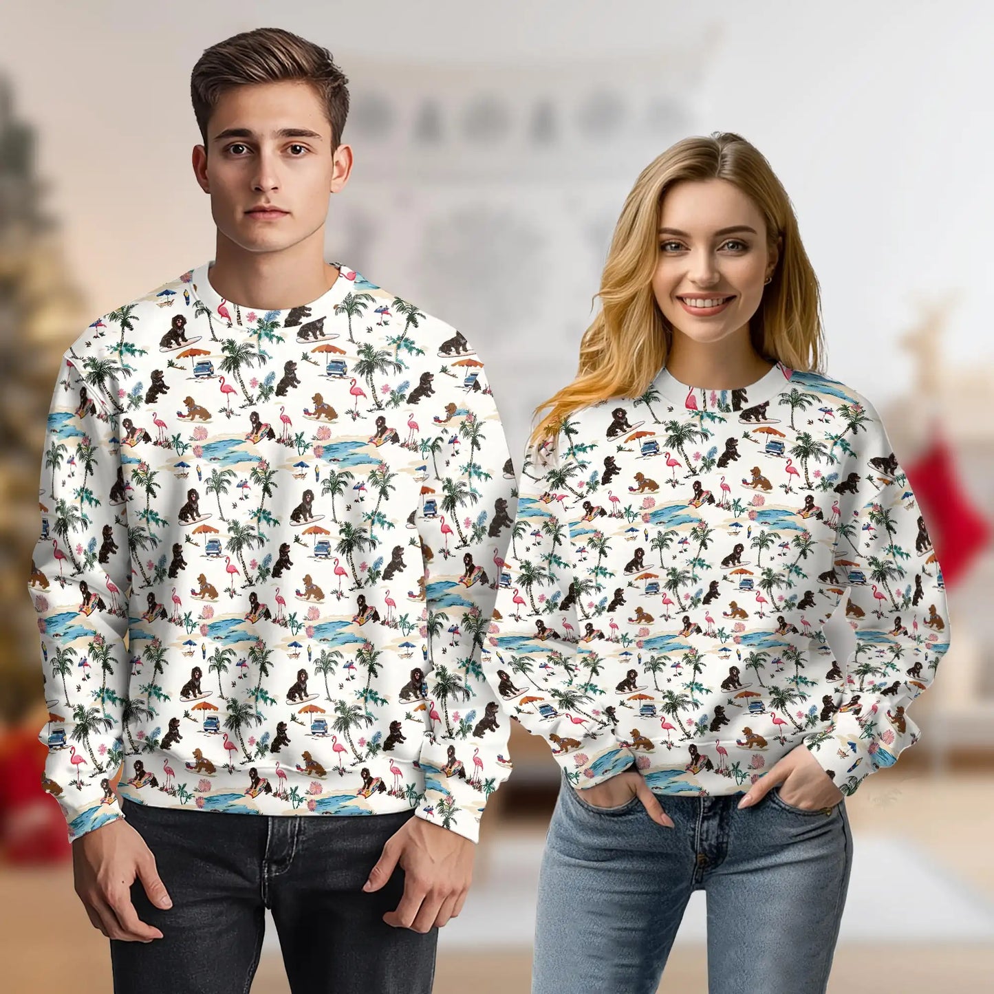 Tropical Dog Summer Sweatshirt, 3D All Over Print Beach Dog Crewneck Pullover for Men Women, Dog Lover Gift - Netecom