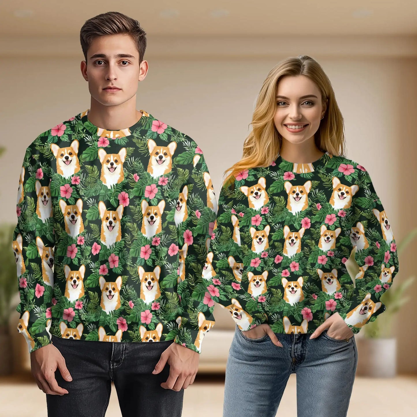Beach Corgi Sweatshirt, 3D All Over Print Tropical Dog Crewneck Pullover for Men Women, Corgi Lover Gift - Netecom