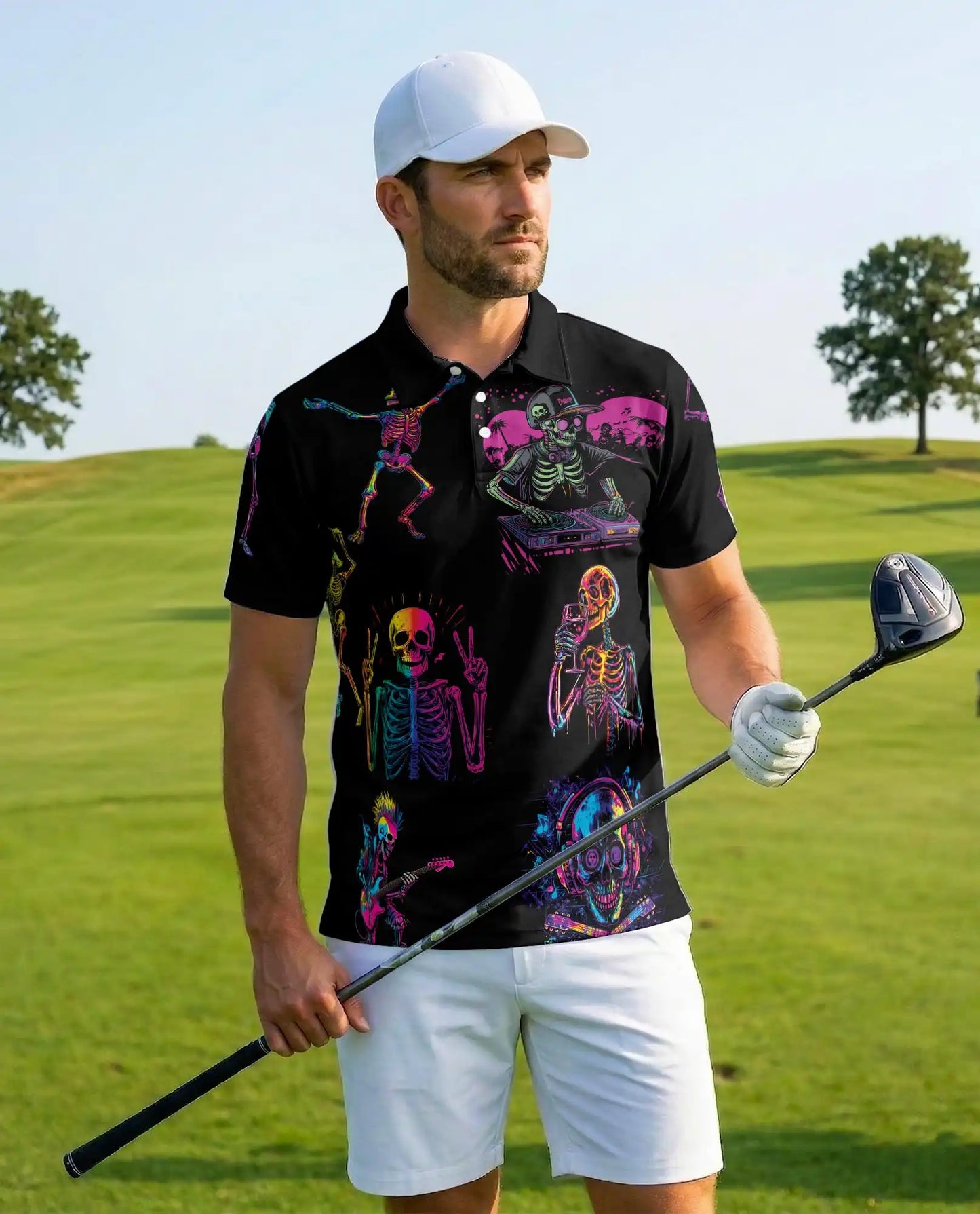 Neon Skeleton Polo Shirt - Retro Music Festival Style | Netecom