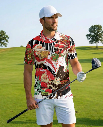Santa Piano Music 3D Polo Shirt for Men – Christmas Holiday Musician Style | Netecom