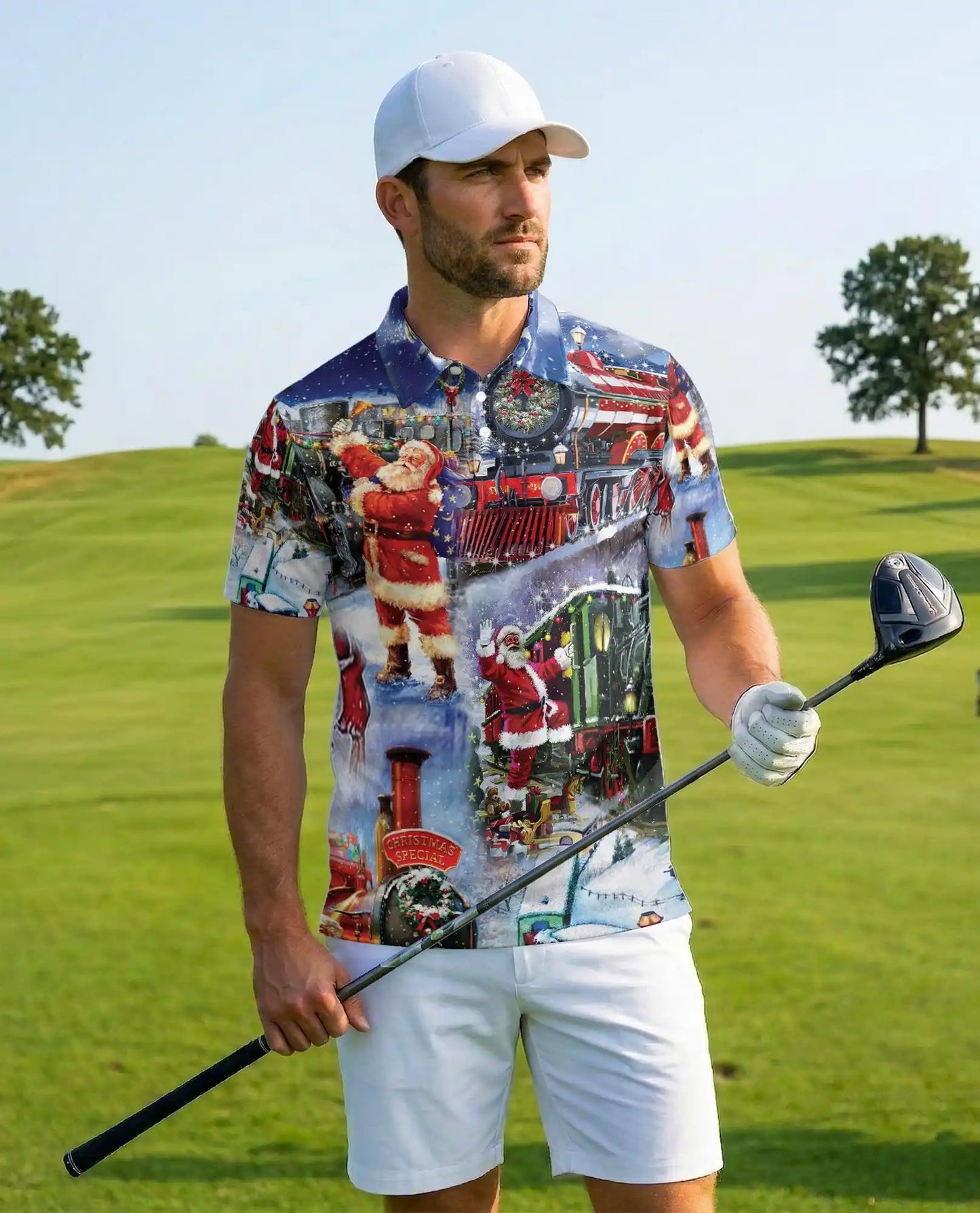 Santa Christmas Train 3D Polo Shirt for Men – Vintage Holiday Railway Style | Netecom
