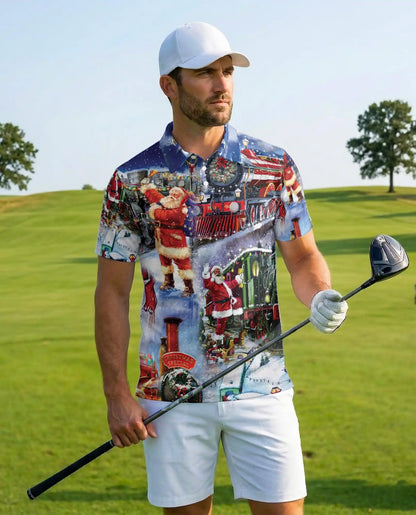Santa Christmas Train 3D Polo Shirt for Men – Vintage Holiday Railway Style | Netecom