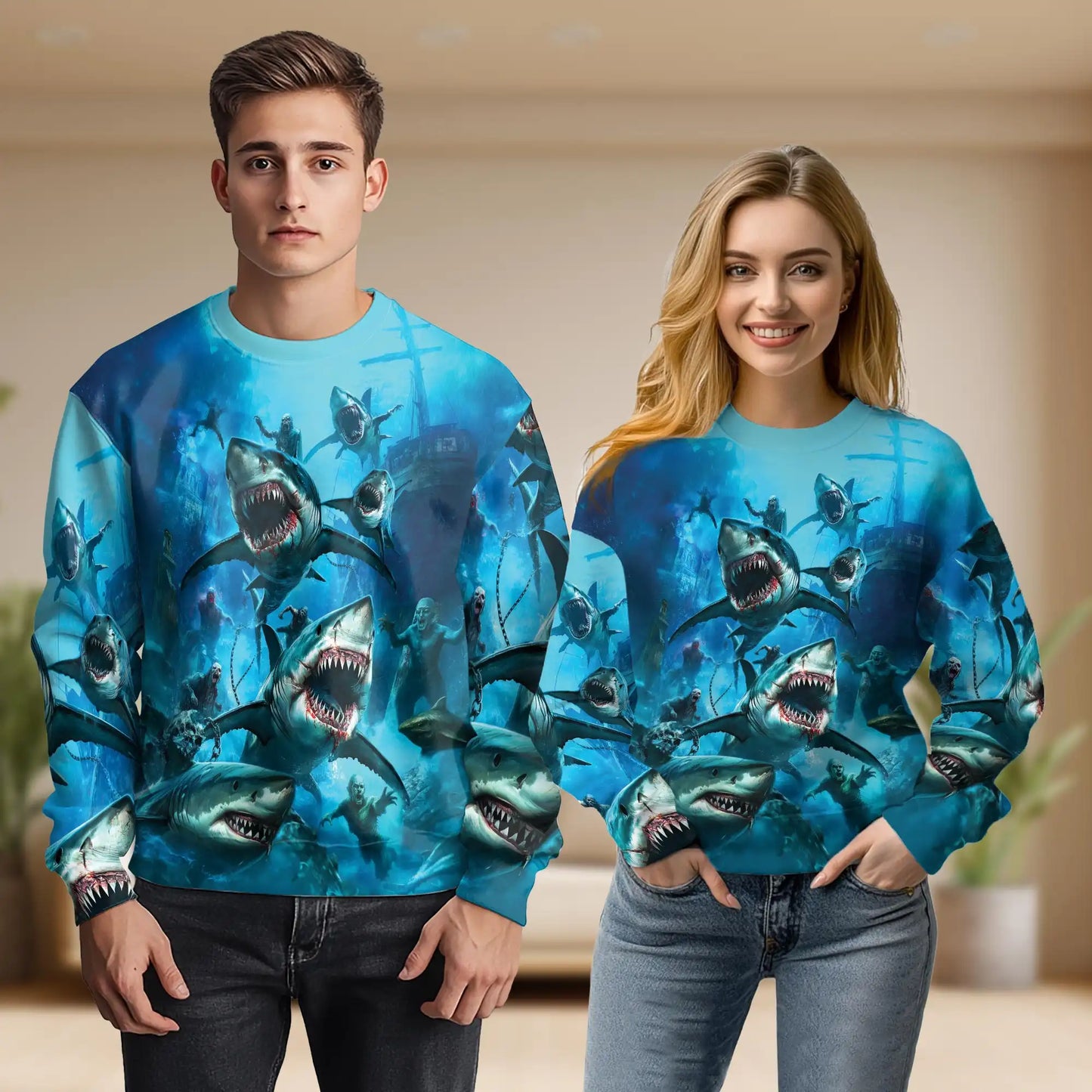 Sharks and Zombies War Sweatshirt, 3D All Over Print Horror Ocean Crewneck Pullover for Men Women, Shark Lover Gift - Netecom