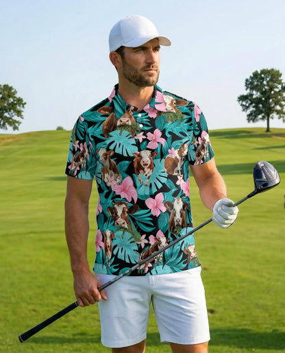 Cow Tropical Polo Shirt - Hawaiian Farm Animal Floral Design | Netecom