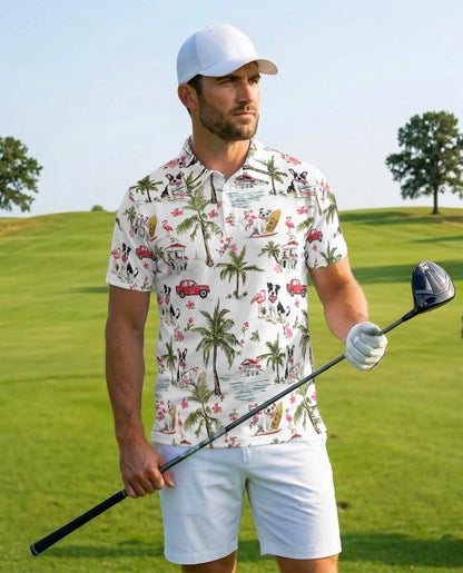 Dog Surfing Beach Polo Shirt for Men – Tropical Palm Tree Style | Netecom