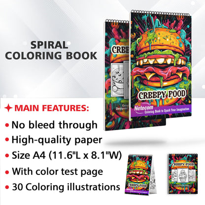 Creepy Food Spiral Bound Coloring Book, Explore 30 Intriguing Coloring Pages of Creepy Food, Combining Sinister Imagery with Culinary Curiosities