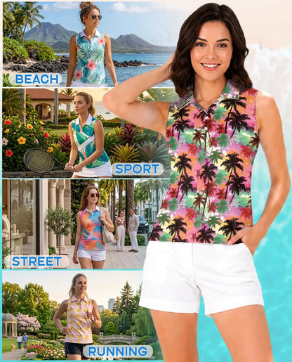 Colorful Sunset Palm Tree Sleeveless Polo Shirt for Women | Netecom