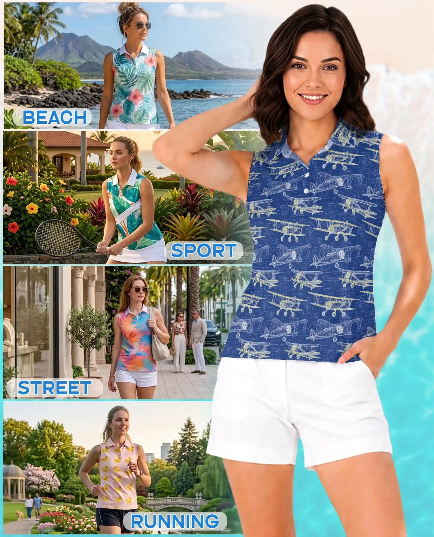 Vintage Biplane Print Sleeveless Polo Shirt for Women – Retro Aviation Style | Netecom