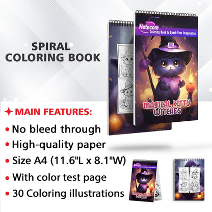 Magical Kitty Witches Spiral Bound Coloring Book, Unleash Your Creativity with 30 Charming Pages Filled with Enchanting Tales of Kitty Witchcraft.