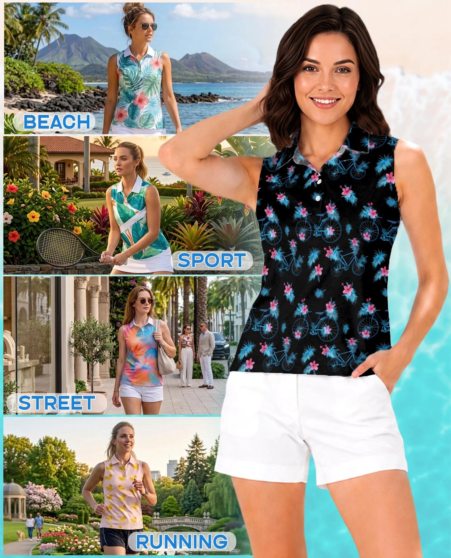 Bicycle Pattern Sleeveless Polo Shirt for Women | Netecom