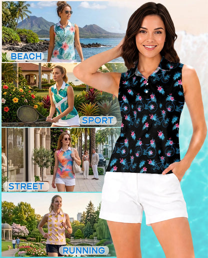 Bicycle Pattern Sleeveless Polo Shirt for Women | Netecom