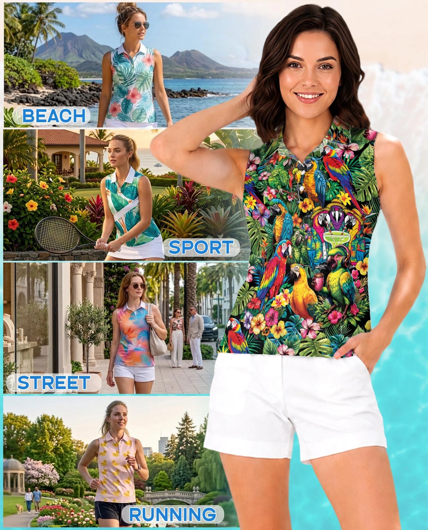 Funny Parrot Tropical Sleeveless Polo Shirt for Women | Netecom