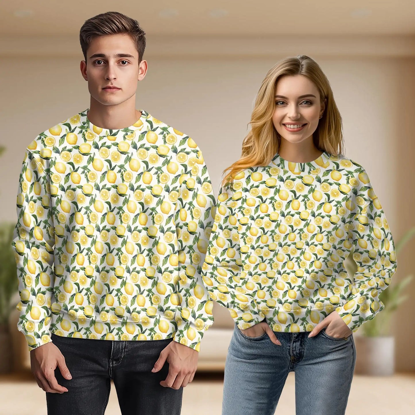 Lemon Pattern Sweatshirt, 3D All Over Print Citrus Fruit Crewneck Pullover for Men Women, Lemon Lover Gift - Netecom