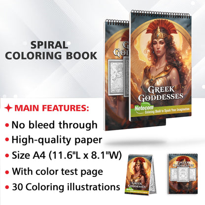 Greek Godnesses Spiral Bound Coloring Book, Discover the Mythical World of Greek Goddesses with 30 Exquisite Coloring Pages that Showcase the Elegance and Strength of these Legendary Figures