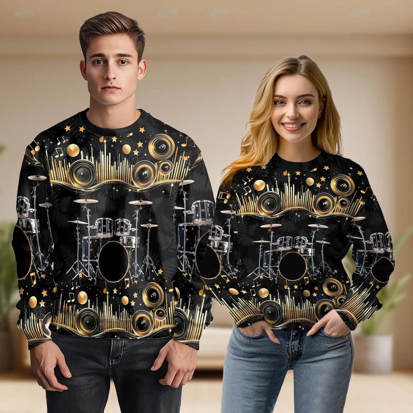 Drum Kit Musical Note Gold Sweatshirt, 3D All Over Print Music Drummer Crewneck Pullover for Men Women, Drummer Lover Gift - Netecom