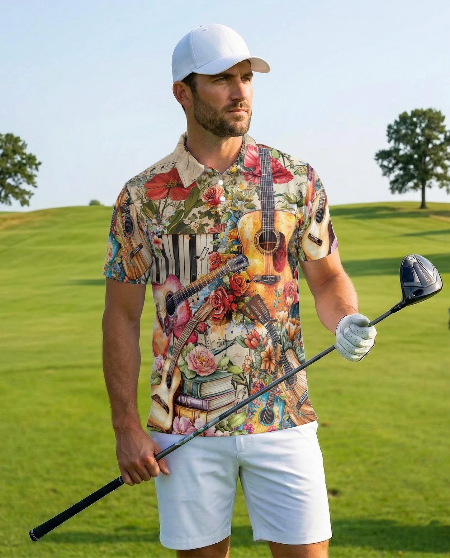 Vintage Flower Ukulele Polo Shirt for Men – Tropical Music Style | Netecom