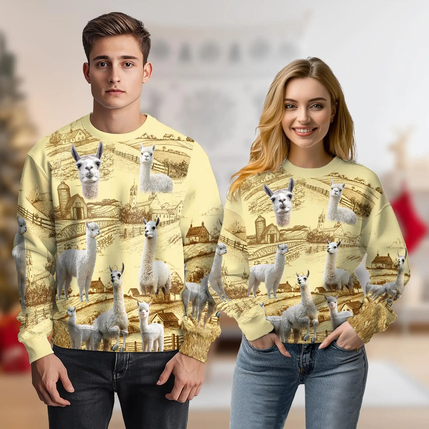 Vintage Countryside Farm Llama Sweatshirt, 3D All Over Print Rustic Farm Animal Crewneck Pullover for Men Women, Llama Lover Gift - Netecom