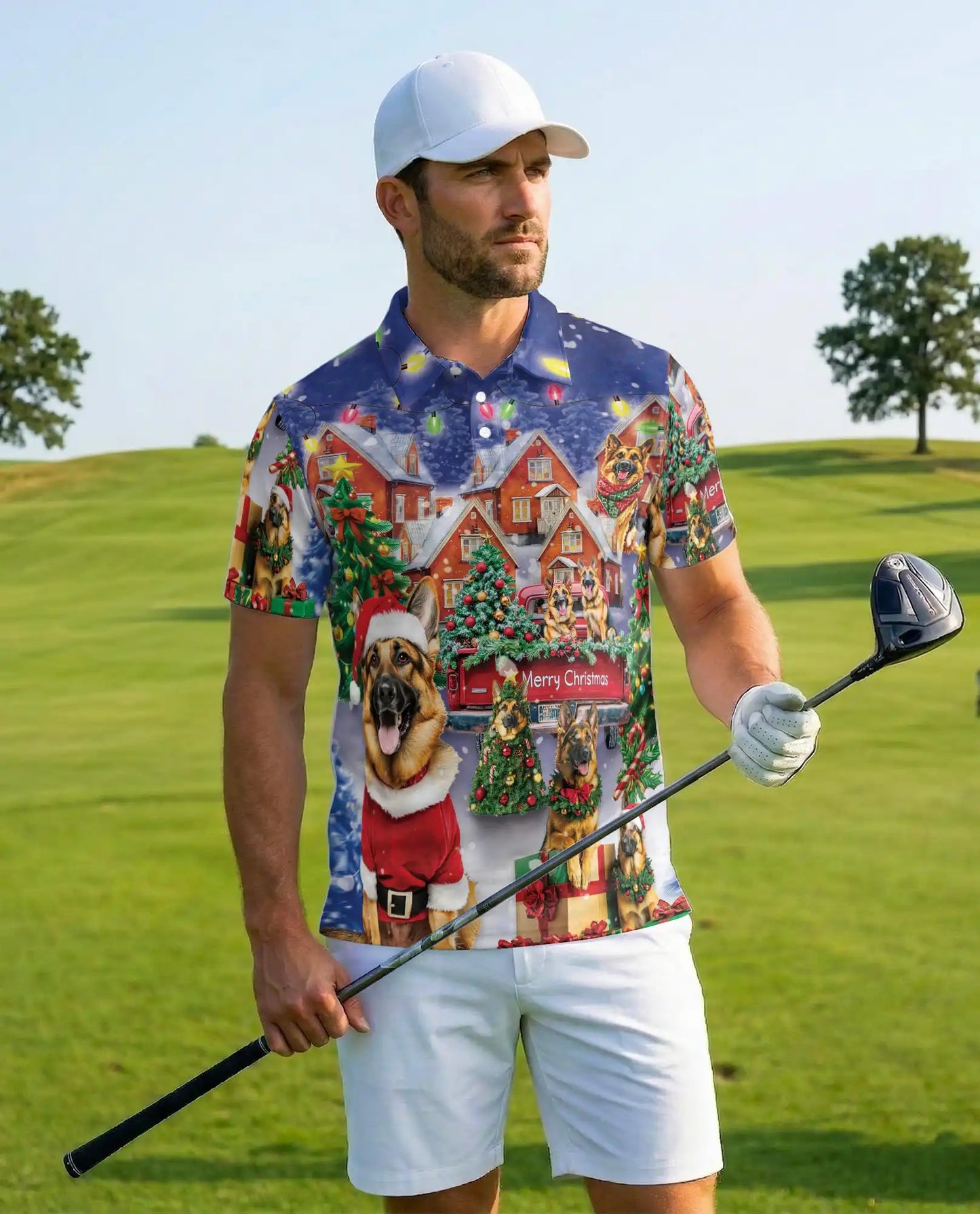 German Shepherd Christmas 3D Polo Shirt for Men – Festive Dog Lover Holiday Style | Netecom