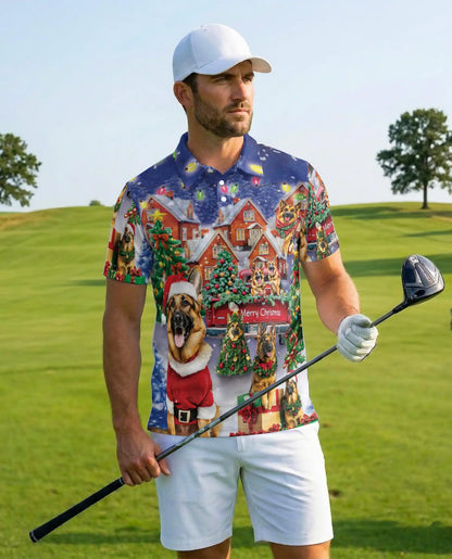 German Shepherd Christmas 3D Polo Shirt for Men – Festive Dog Lover Holiday Style | Netecom