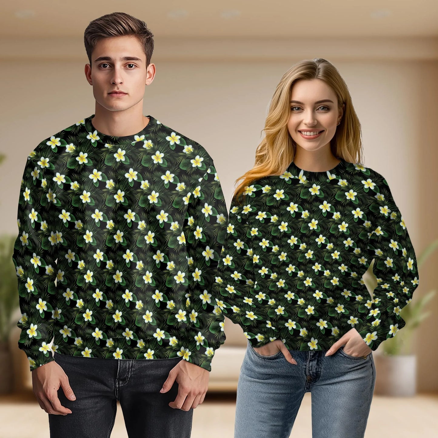 White Plumeria Pattern Sweatshirt, 3D All Over Print Tropical Floral Crewneck Pullover for Men Women, Plumeria Lover Gift - Netecom