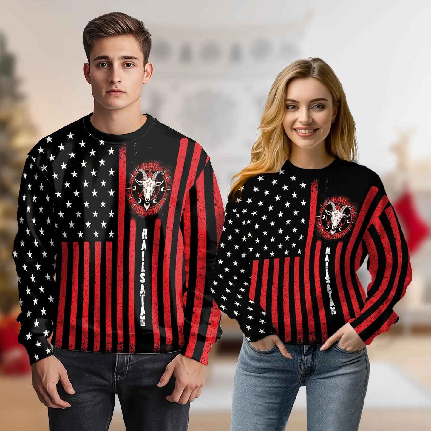 Hail Satan American Satanic Sweatshirt, 3D All Over Print Dark Gothic Horror Crewneck Pullover for Men Women, Alternative Style Gift - Netecom