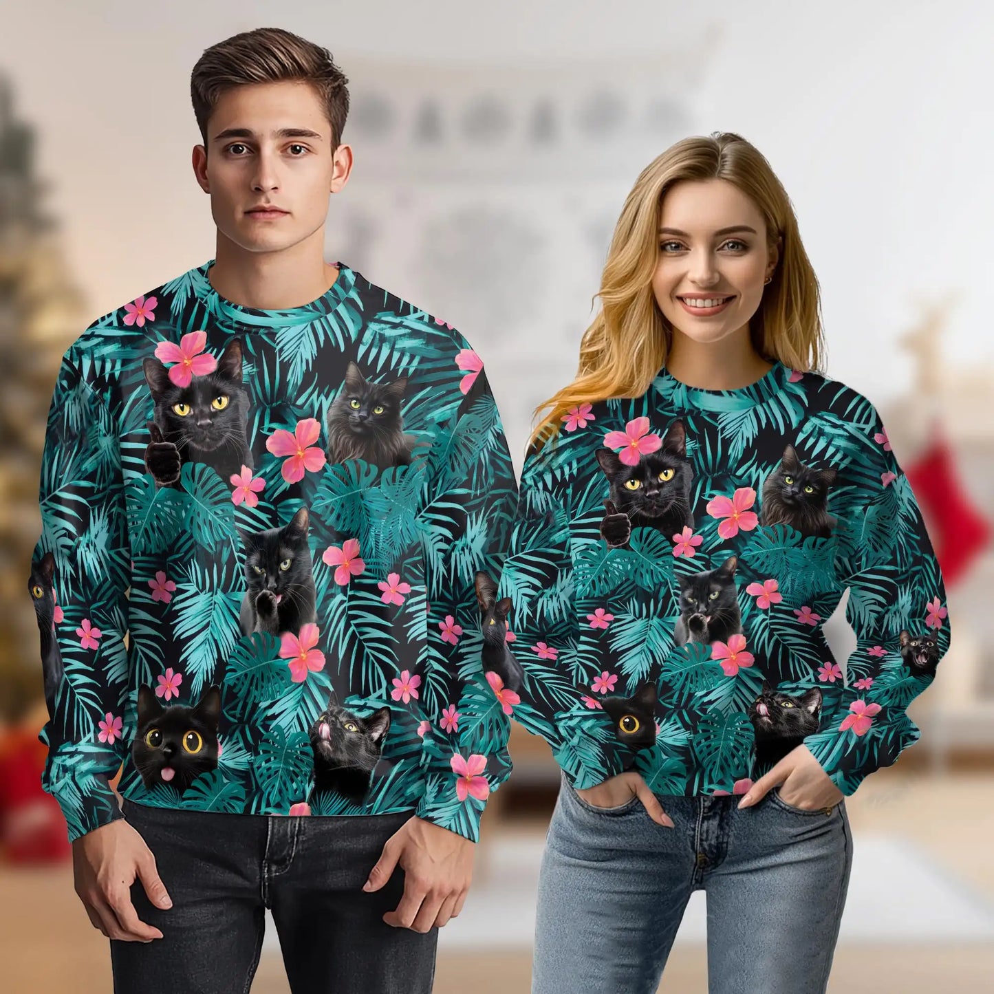 Cute Black Cat Tropical Sweatshirt, 3D All Over Print Beach Cat Crewneck Pullover for Men Women, Black Cat Lover Gift - Netecom