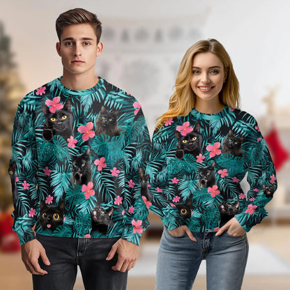 Cute Black Cat Tropical Sweatshirt, 3D All Over Print Beach Cat Crewneck Pullover for Men Women, Black Cat Lover Gift - Netecom