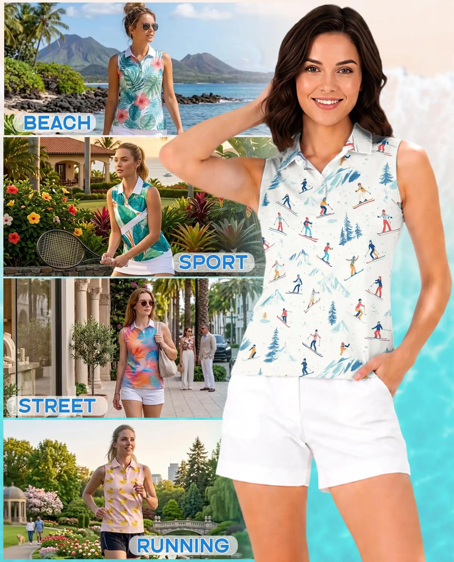 Ski Print Sleeveless Polo Shirt for Women – Winter Sports Adventure Style | Netecom