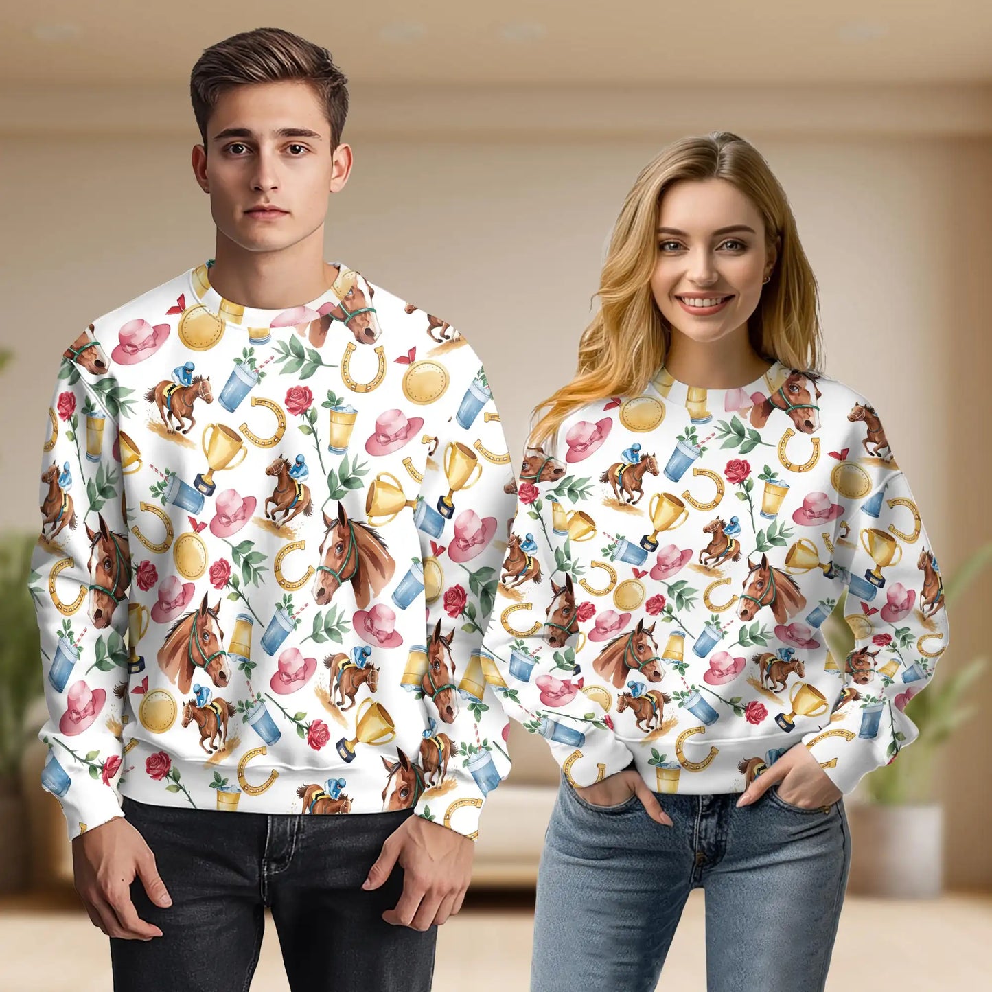 Horse Racing Elements Pattern Sweatshirt, 3D All Over Print Equestrian Sports Crewneck Pullover for Men Women, Horse Racing Lover Gift - Netecom
