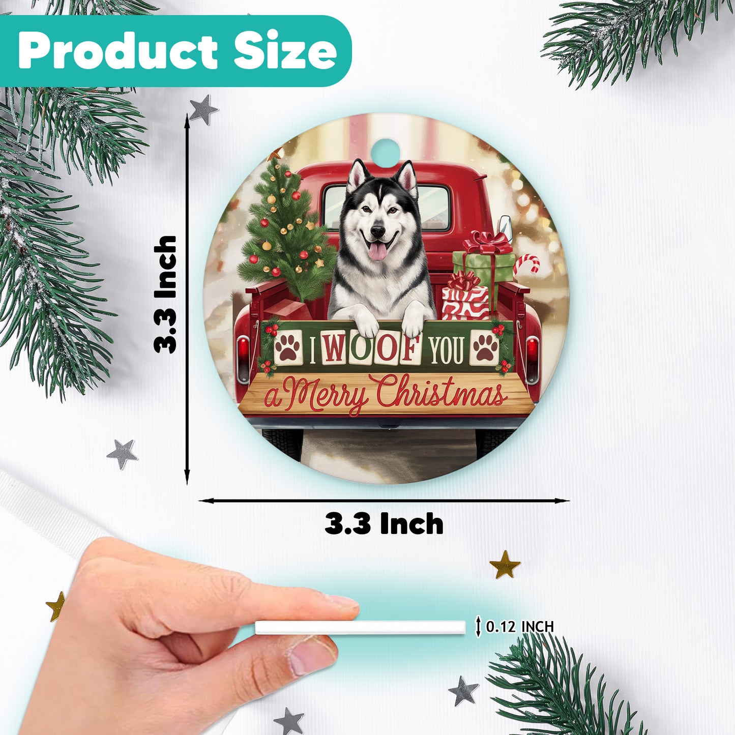 Netecom Funny Alaskan Malamute in Red Truck Ornament, I Woof You a Merry Christmas Ceramic Ornament for Christmas Tree Hanging Decorations Gift, Dog Lover Gifts, Holiday Party Present