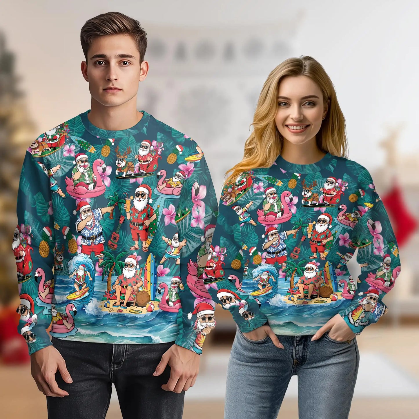 Santa Tropical Sweatshirt, 3D All Over Print Christmas Beach Crewneck Pullover for Men Women, Tropical Santa Gift - Netecom