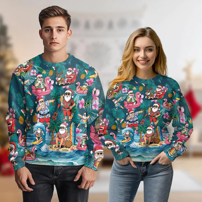 Santa Tropical Sweatshirt, 3D All Over Print Christmas Beach Crewneck Pullover for Men Women, Tropical Santa Gift - Netecom