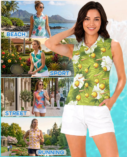 Green Softball and Baseball Bat Tropical Sleeveless Polo Shirt for Women | Netecom