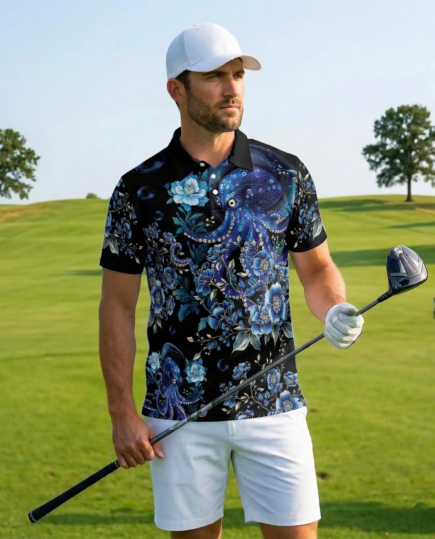 Blue Octopus Polo Shirt - Floral Ocean Fantasy Marine Art Design | Netecom