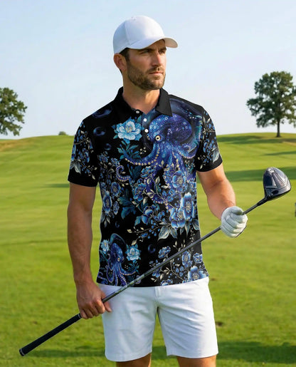 Blue Octopus Polo Shirt - Floral Ocean Fantasy Marine Art Design | Netecom