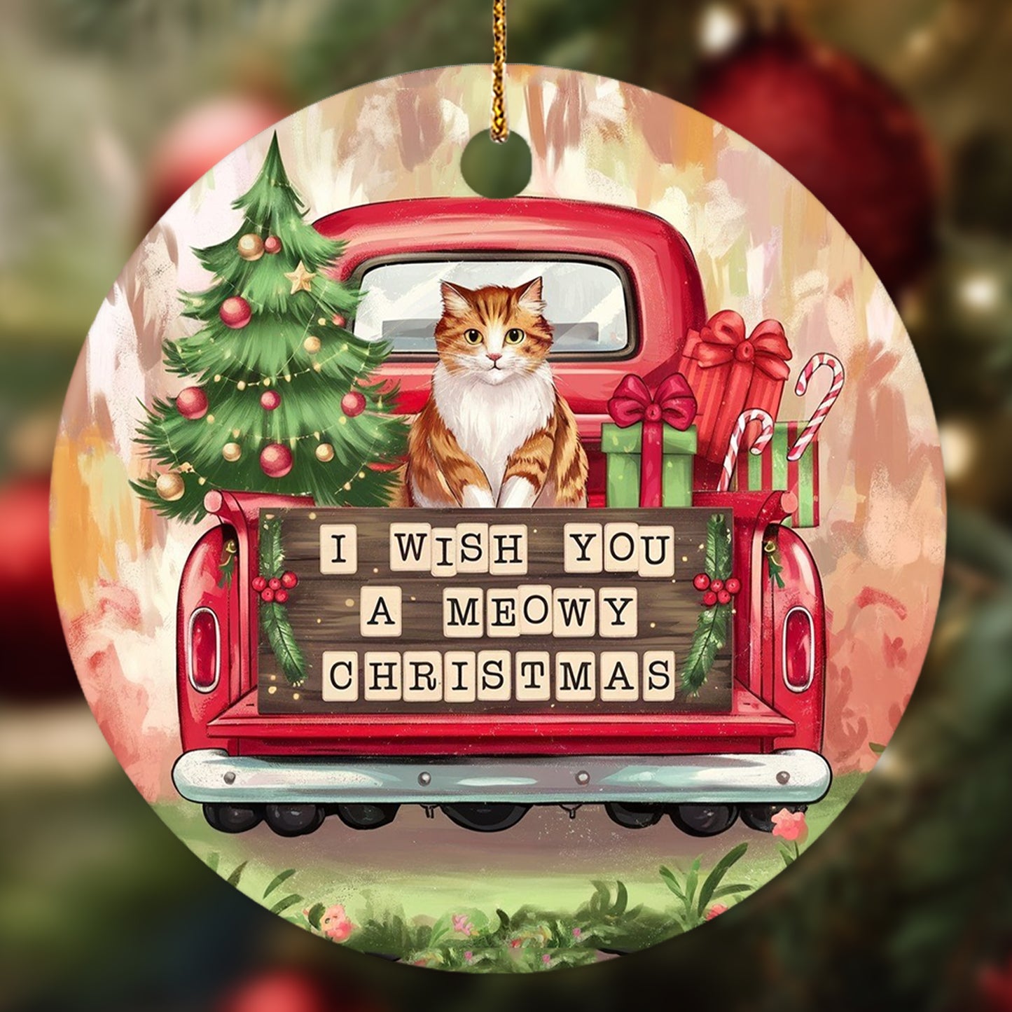 Netecom Cute Cat in Holiday Truck Ornament, I Wish You a Meowy Christmas Ceramic Ornament for Christmas Tree Hanging Decorations Gift, Kitten Lover Gifts, Holiday Party Present