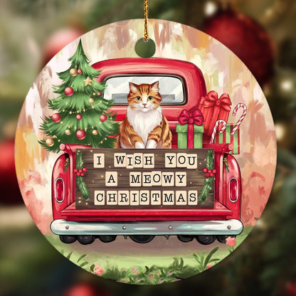Netecom Cute Cat in Holiday Truck Ornament, I Wish You a Meowy Christmas Ceramic Ornament for Christmas Tree Hanging Decorations Gift, Kitten Lover Gifts, Holiday Party Present