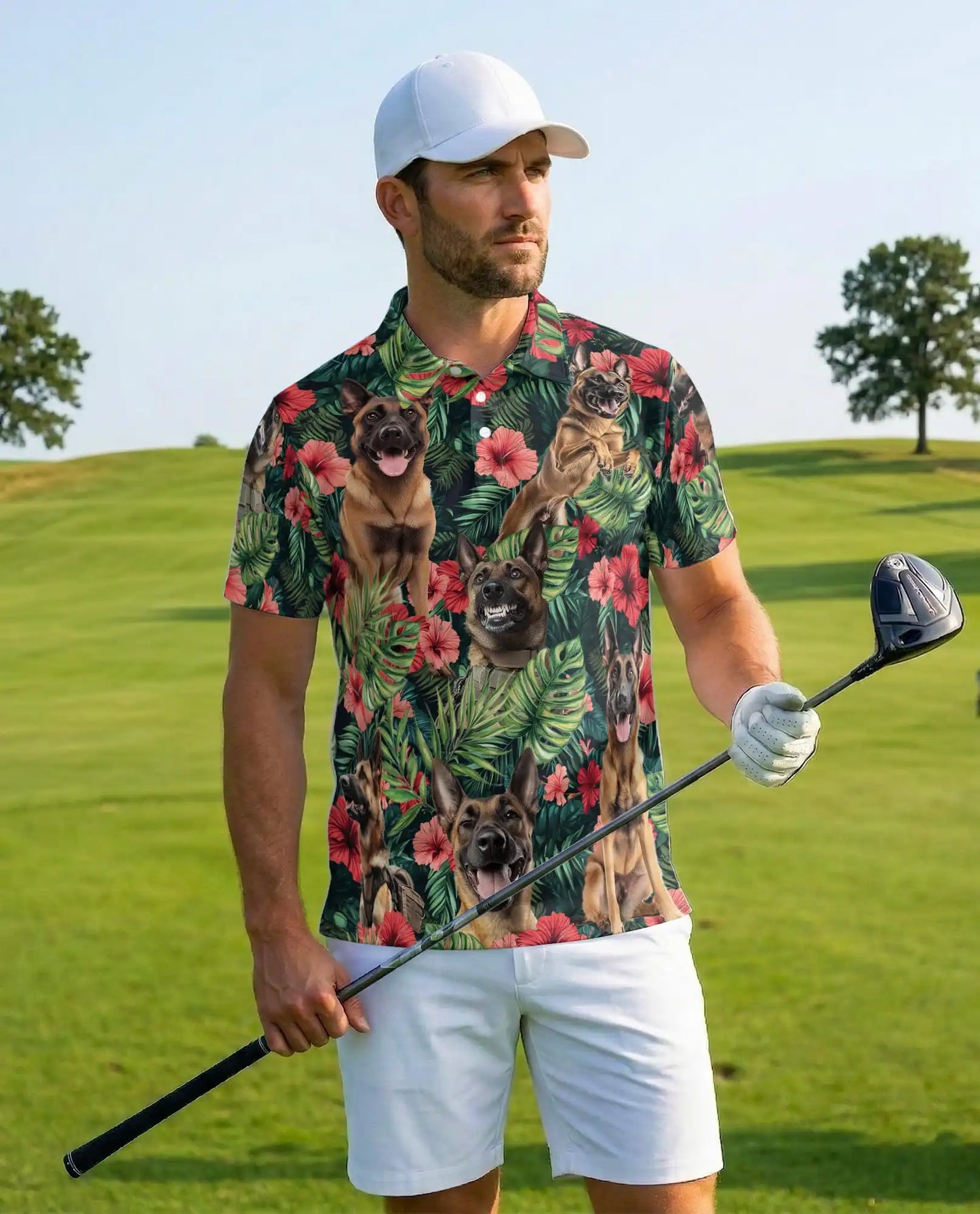 Belgian Malinois Tropical Polo Shirt - Hawaiian Dog Lover Floral Design | Netecom