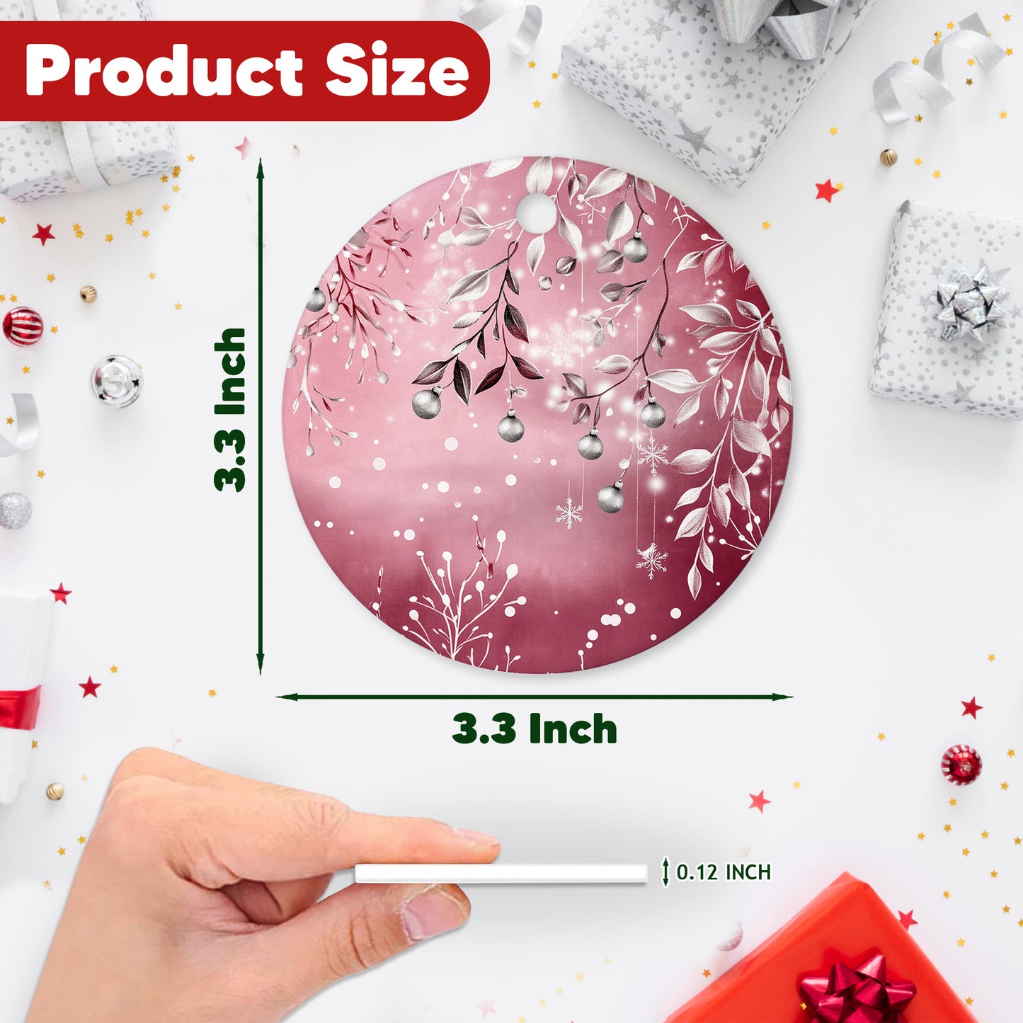 Netecom Elegant Pink Ornament, Ceramic Silver Holly Berries and Baubles Keepsake Ornament for Xmas Tree Decorations, Gifts for Holiday, Party, Home Decor