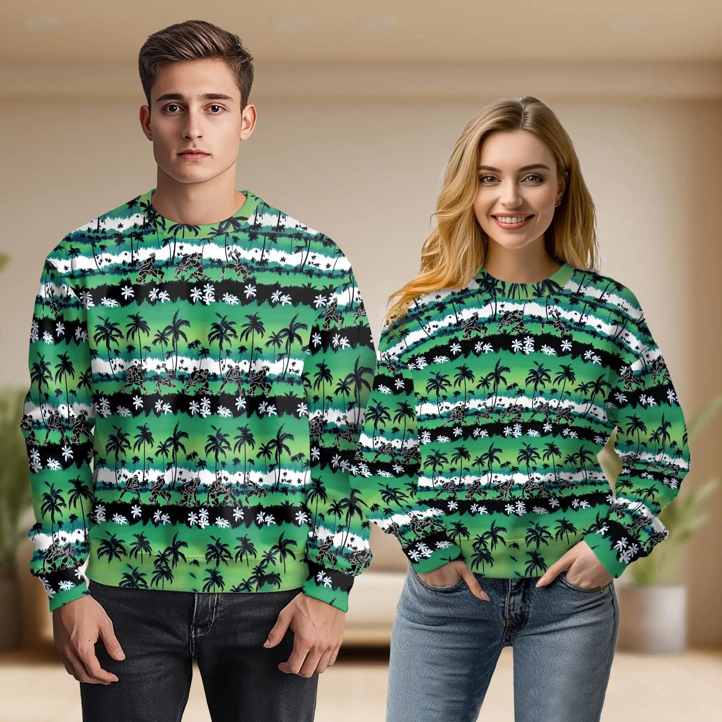 Wrestling Palm Tree Sweatshirt, 3D All Over Print Green Tropical Wrestling Crewneck Pullover for Men Women, Wrestler Gift - Netecom