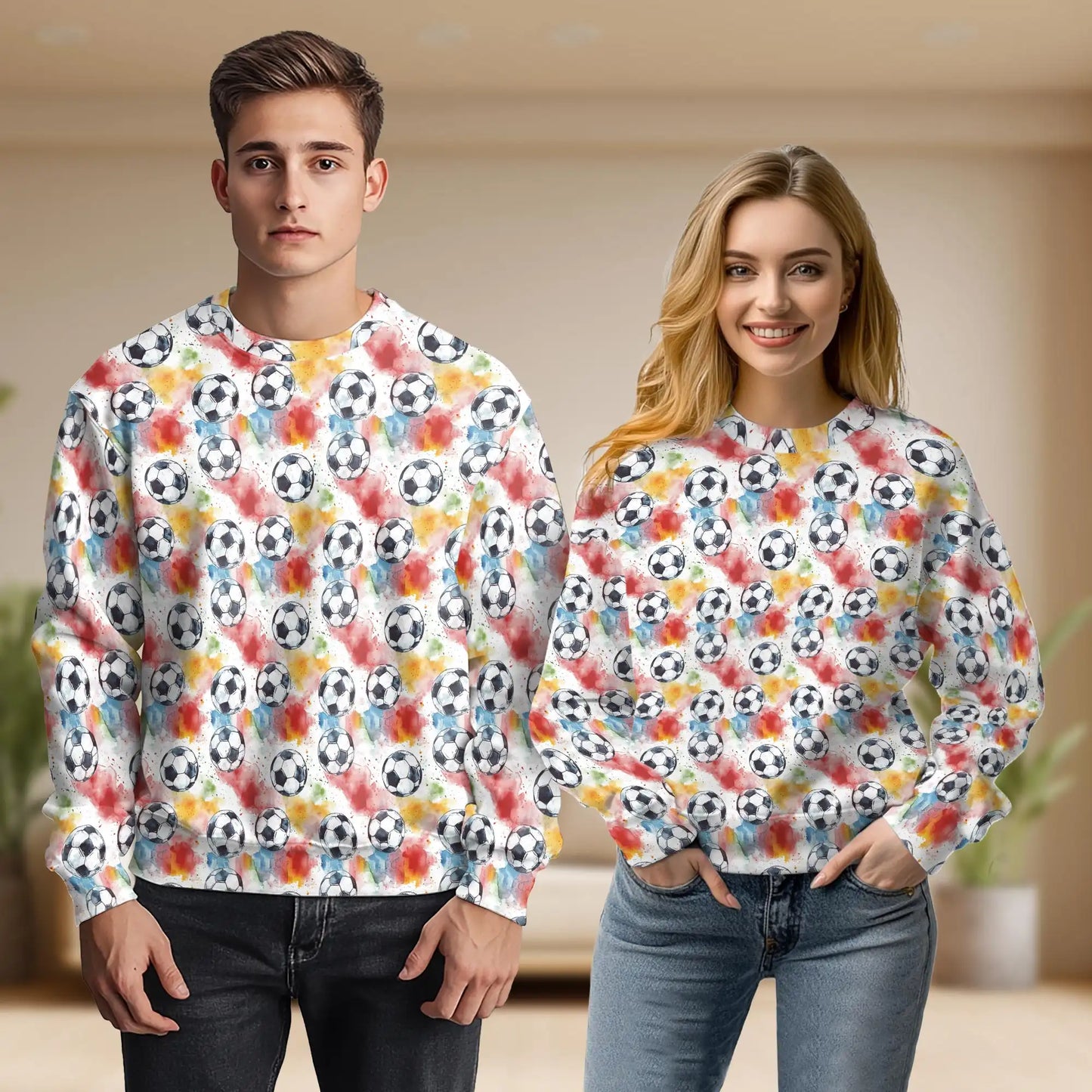 Soccer Ball Themed Print Sweatshirt, 3D All Over Print Football Sports Crewneck Pullover for Men Women, Soccer Lover Gift - Netecom