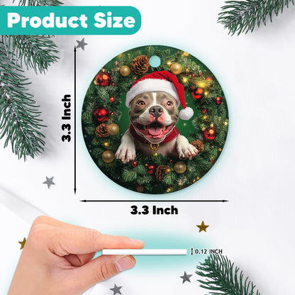 Netecom Funny Pitbull Christmas Ornament, Dog Santa Hat Ceramic Ornament for Xmas Tree Hanging Decorations Gift, Puppy Lover Gifts, Home Decor, Holiday Party Present