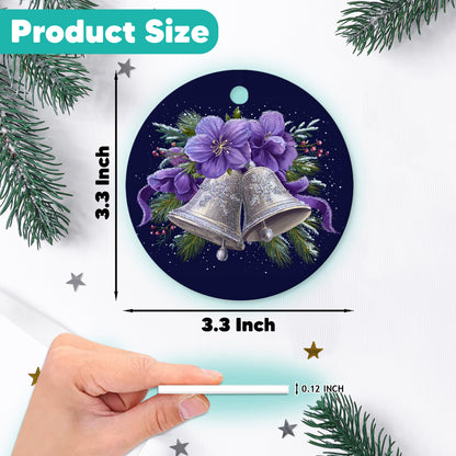 Netecom Bell with Purple Flower Christmas Ornament, Elegant Winter Bell Ceramic Ornament for Xmas Tree Hanging Decorations Gift, Gifts for Friends & Family, Holiday Party Present