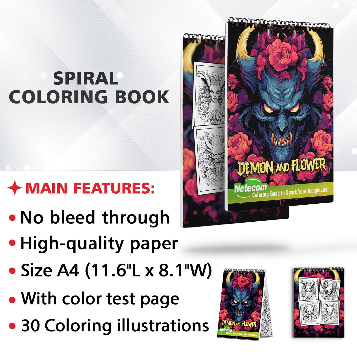 Demon And Flower Spiral Bound Coloring Book, Immerse Yourself in 30 Enchanting Illustrations of Demons and Flowers