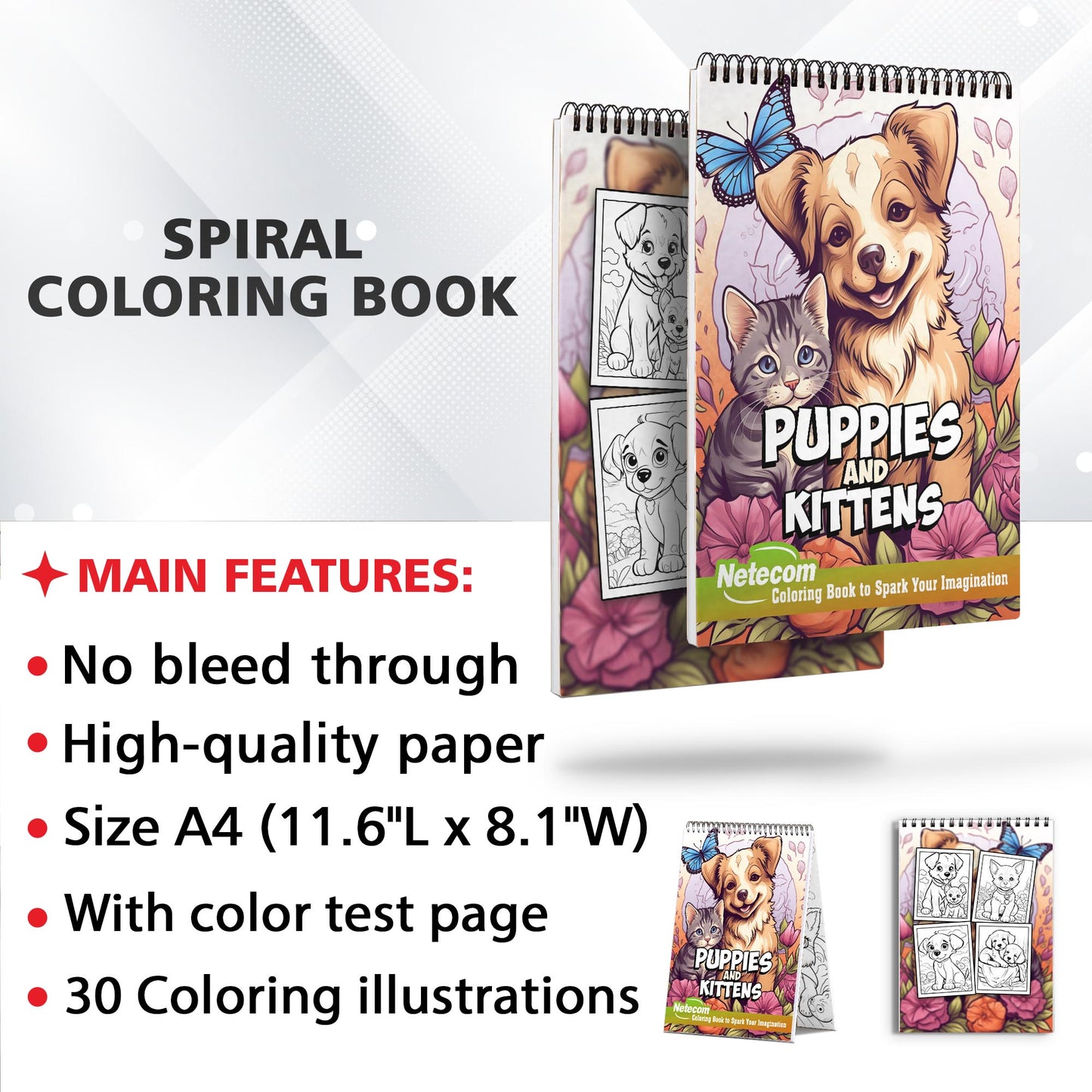 Puppies and Kittens Spiral Bound Coloring Book, Unleash Your Creativity with 30 Coloring Pages, Inviting You to Add Color and Life to Playful Puppies and Kittens