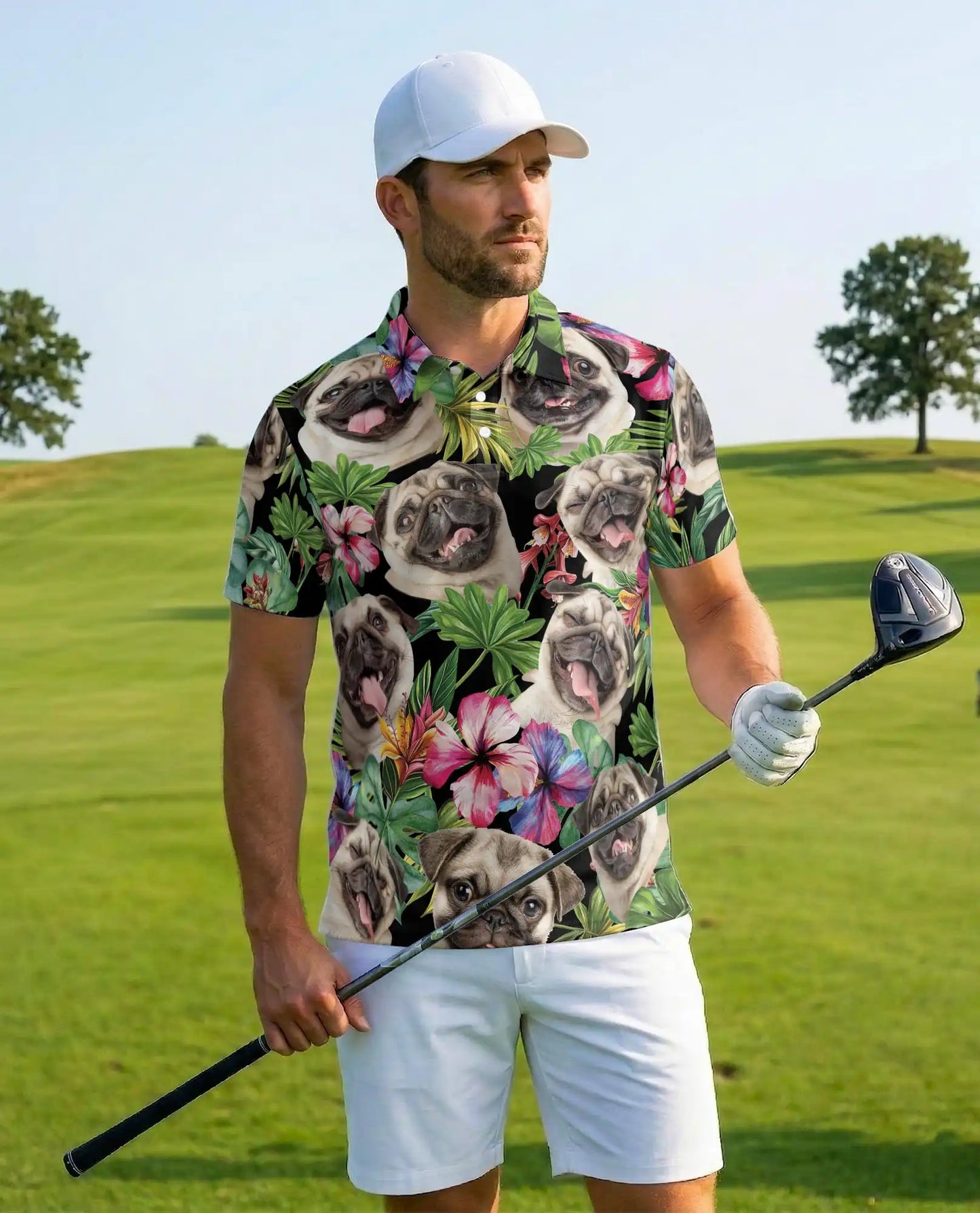 Tropical Pug Dog Polo Shirt - Hawaiian Pet Lover Style | Netecom