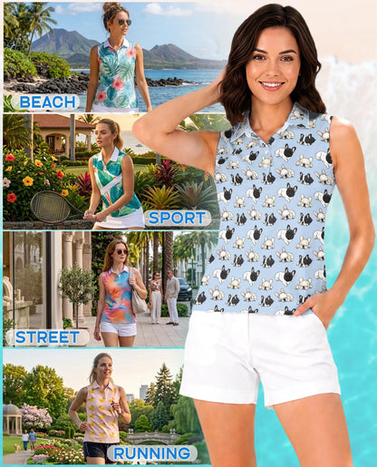 Lazy French Bulldog Sleeveless Polo Shirt for Women | Netecom