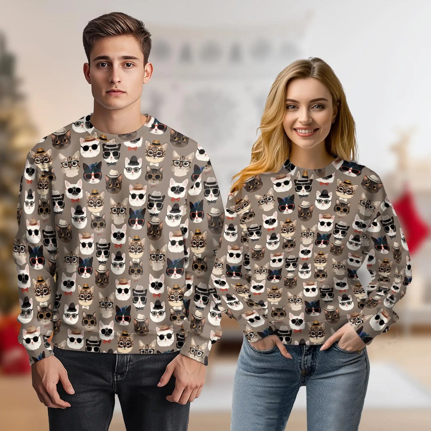 Cats Wearing Hats Pattern Sweatshirt, 3D All Over Print Cute Cat Crewneck Pullover for Men Women, Cat Lover Gift - Netecom