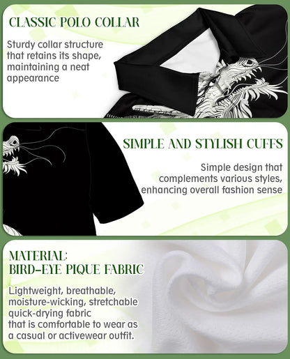 Black White Dragon 3D Polo Shirt for Men – Asian Fantasy Art Style | Netecom