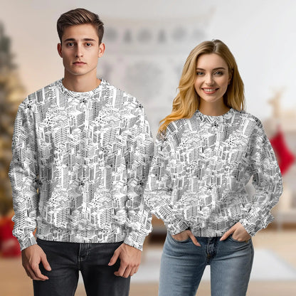 City Buildings Sweatshirt, 3D All Over Print Urban Architecture Crewneck Pullover for Men Women, City Lover Gift - Netecom